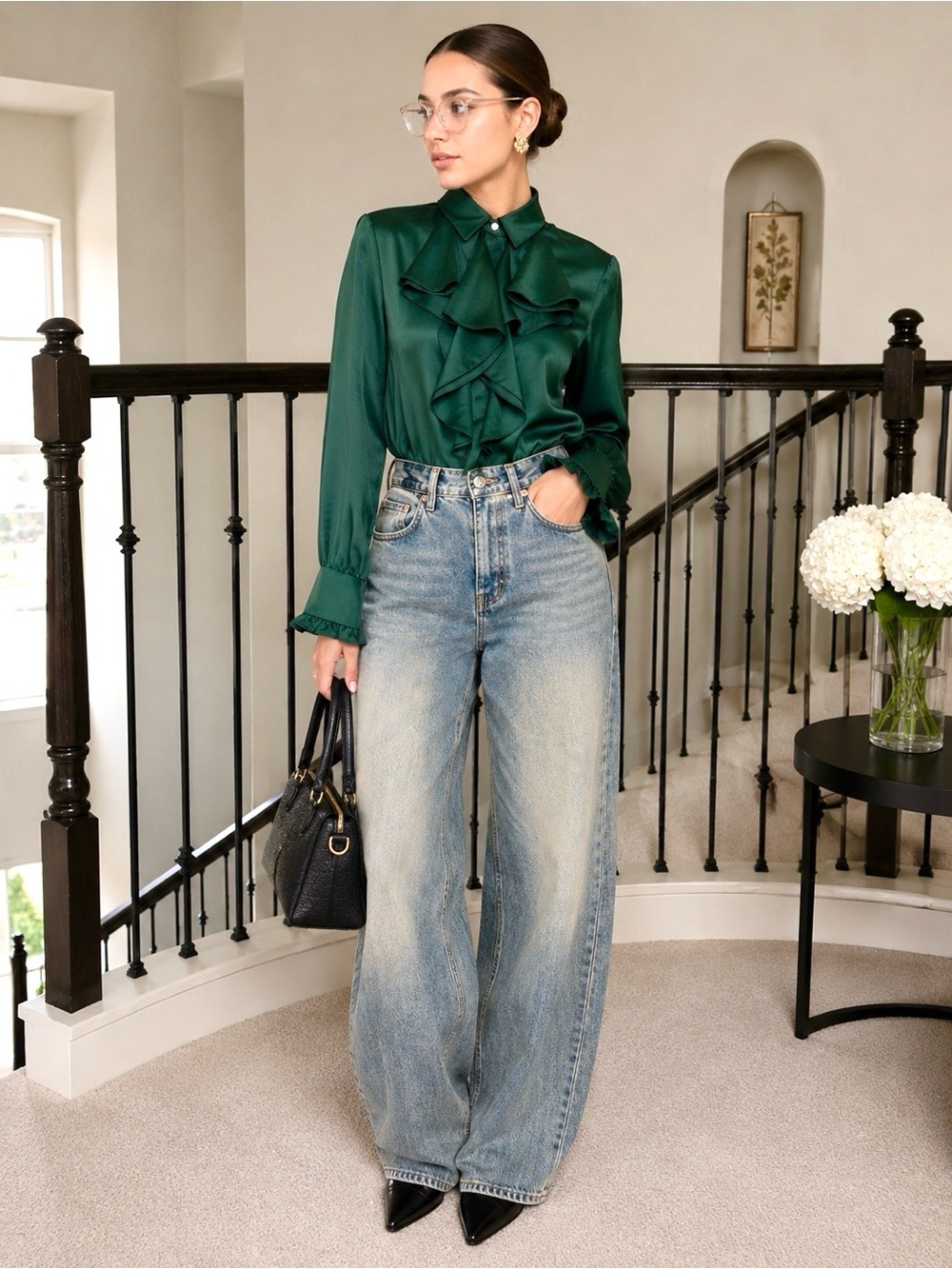 Zara Emerald Green Satin Ruffle Blouse